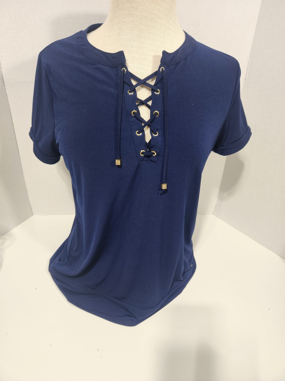 Anne Klein Navy Lace-Up Short Sleeve Top